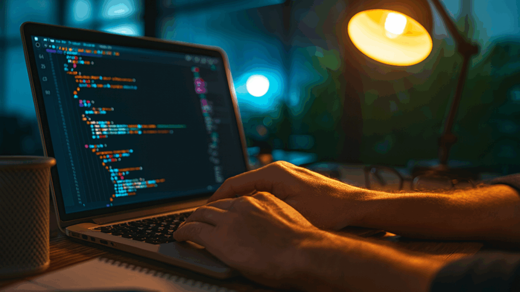 「夜だけ」の時間を活用して「アプリを作る」ために、プログラミングスクールで学びながら“おうちで稼ぐ”土台づくりに取り組む様子。ノートパソコンでコードを書く男性の手元が、温かいデスクライトに照らされる自宅の作業風景。