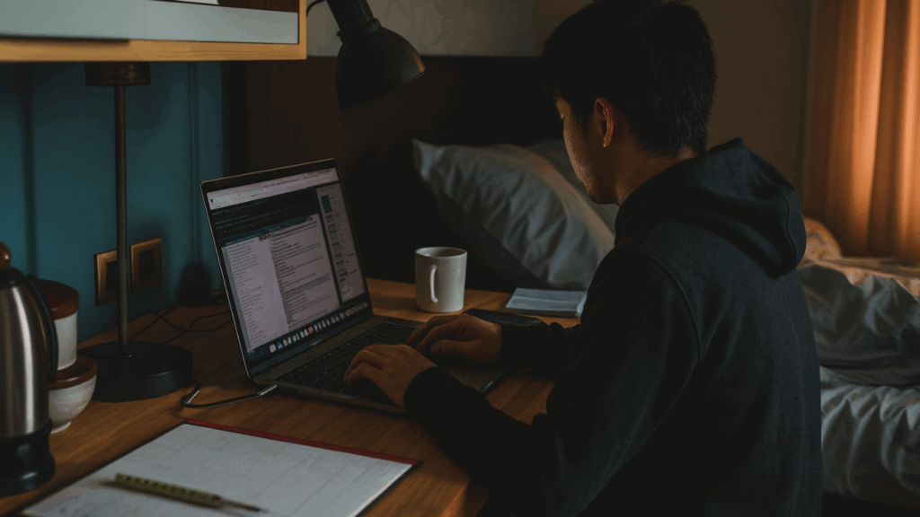 在宅ワークのシーン：顔が見えない男性が木製デスクでノートPCを操作しアプリを作る準備をしている
