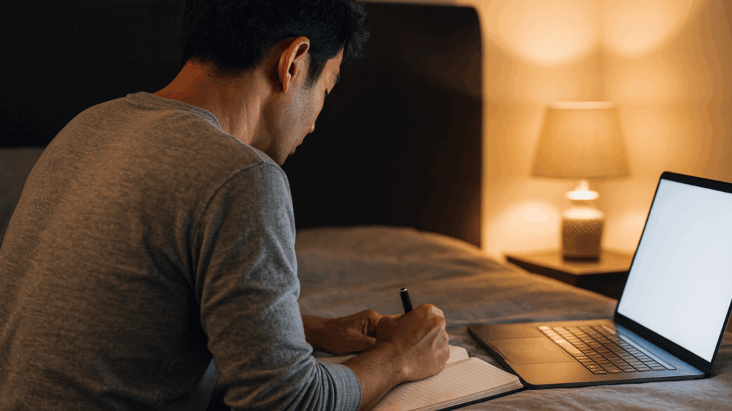 仕事後の夜、ベッドで学習記録を書く男性。ノートPCを開き、静かな寝室の灯りで集中している。