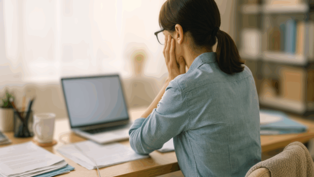 日差しの入るワークスペースで、頬に手を当てノートPCと書類に向き合う女性の後ろ姿。