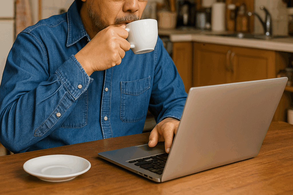 自宅のキッチンでパソコン作業をしながらコーヒーを飲む、退職後の50代男性