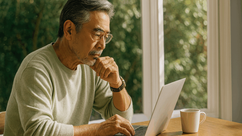 自宅の机でノートPCに向かう60代男性｜在宅でできる仕事や収入づくりを考えるイメージ