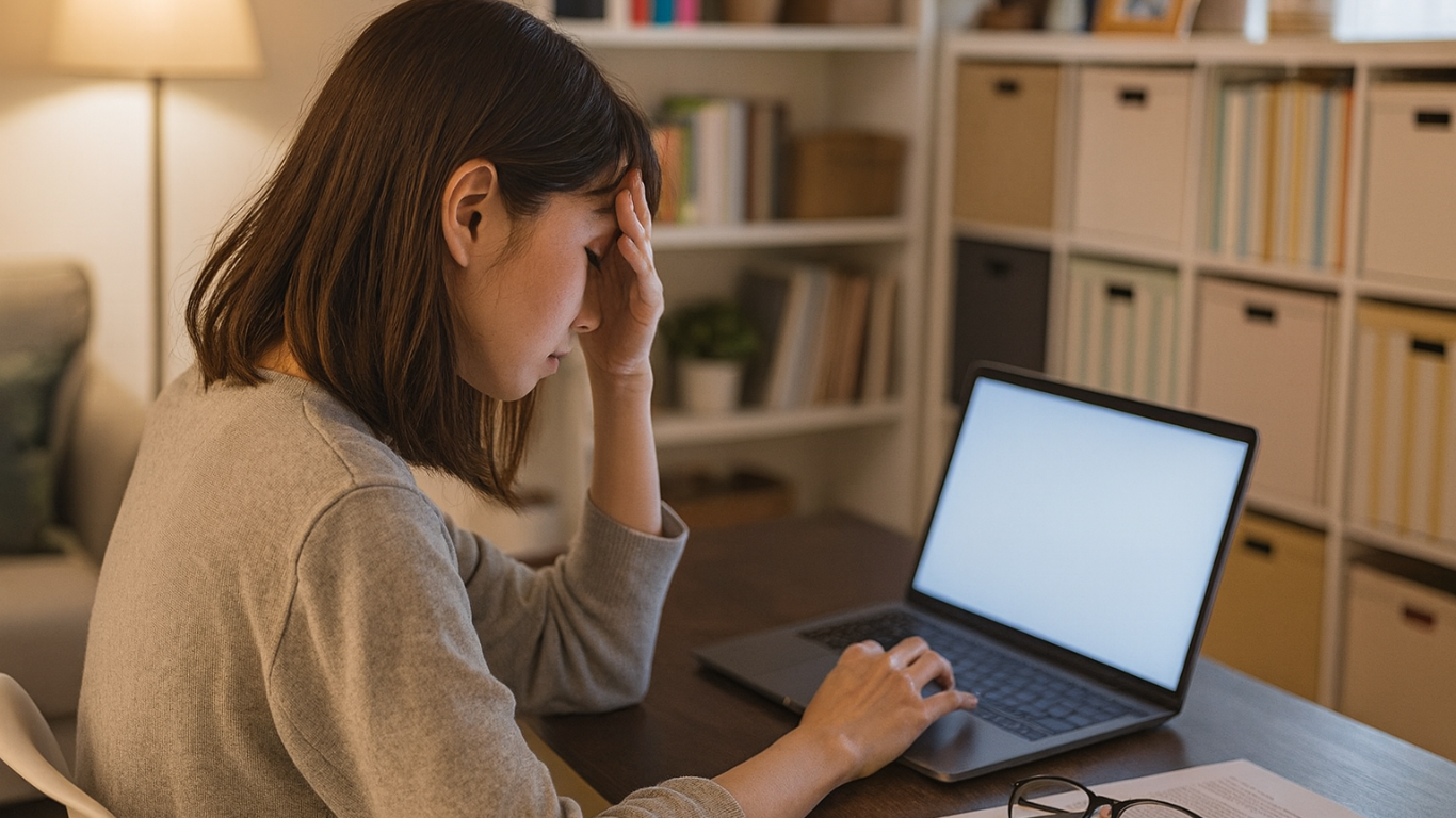 自宅のデスクでノートパソコンに向かいながら頭を抱える若い日本人女性。肩までの髪で、グレーのセーターを着ている。部屋は暖色系の照明で落ち着いた雰囲気があり、背景には収納棚と観葉植物が見える。