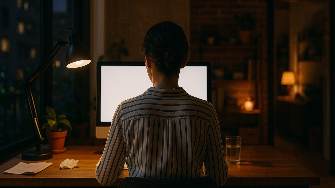 夜の室内でデスクに向かって作業する女性の後ろ姿。デスクにはパソコンモニター、デスクライト、観葉植物、紙類、グラスが置かれており、暖かい間接照明が部屋全体を柔らかく照らしている。奥には本棚やランプが見え、生活感のある空間が広がっている。