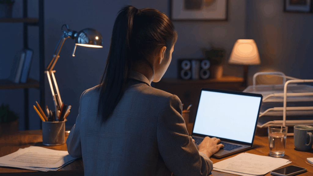 夜の自宅で在職中の女性がノートPCでプログラミング学習。デスクライト下で資料を確認しつつ、専門実践教育訓練給付金・リスキリング補助金の情報を比較検討