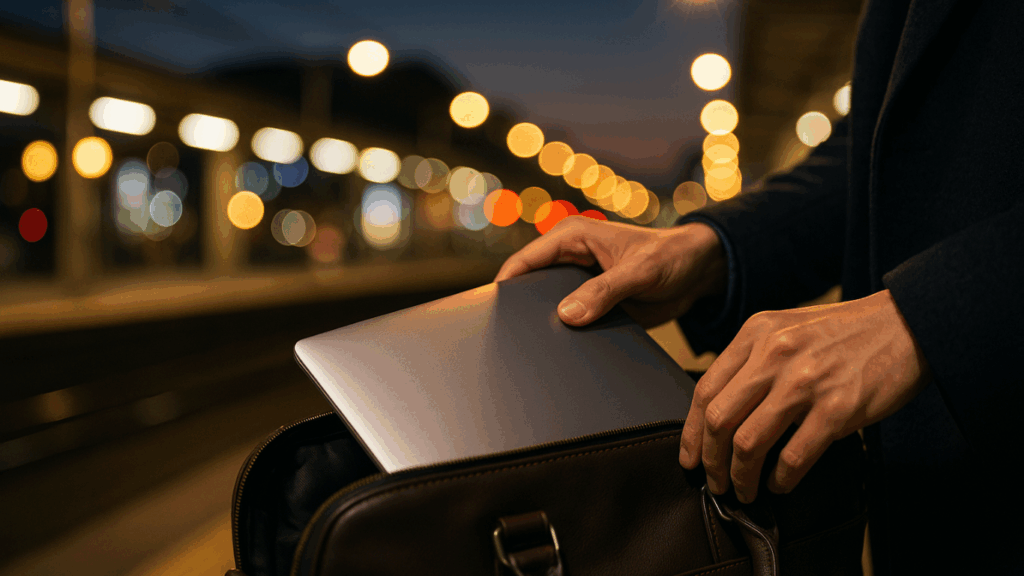 ノートPCとビジネスバッグの手元｜専門実践教育訓練給付金とリスキリング補助金を活用して学び直し。