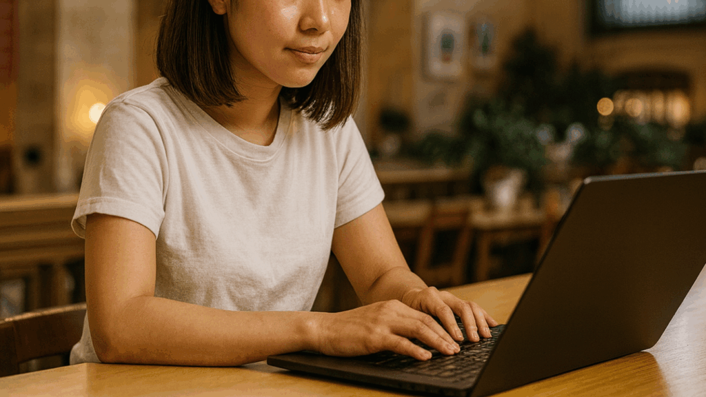 30代未経験者からプログラミング学習を始めた女性がノートパソコンで作業している手元にフォーカス。落ち着いた空間で集中しながら入力している様子。