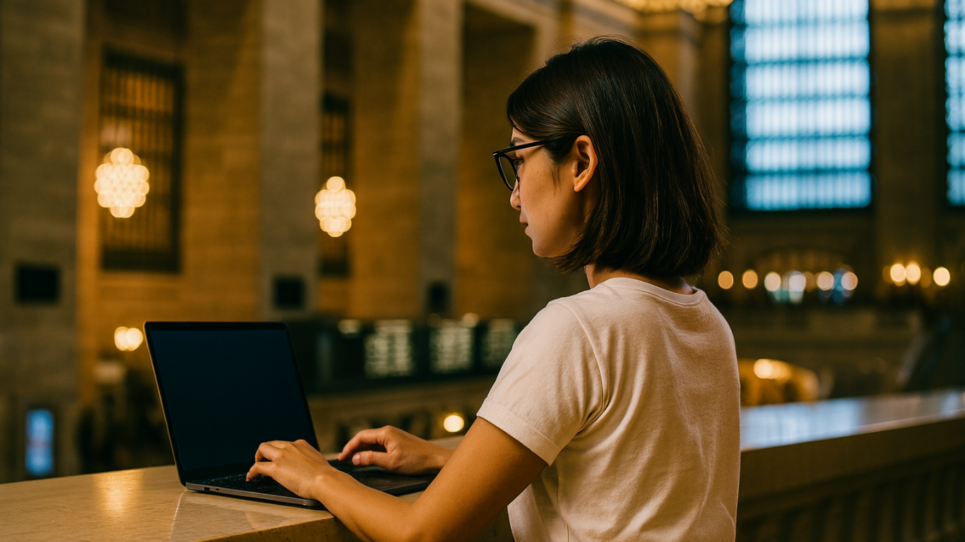 ノートパソコンを使って作業する女性の後ろ姿。高い天井と大きな窓のある広い建物内で、静かに集中している様子。