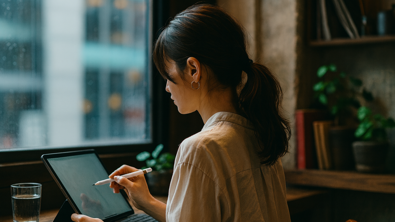 オンラインで学ぶ社会人初心者がタブレットで学習する後ろ姿｜生成AI スクール 比較記事用アイキャッチ