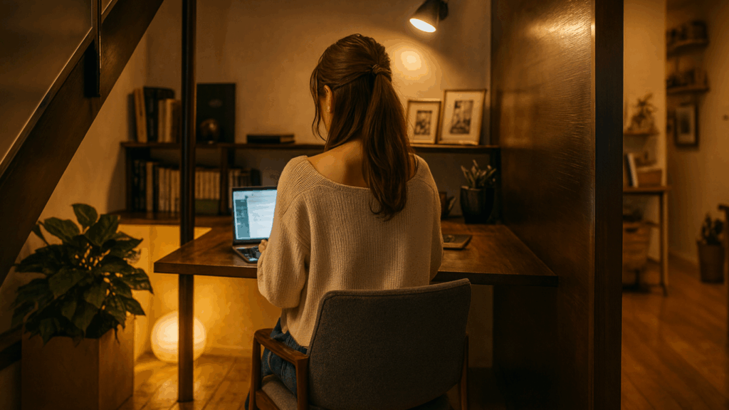 自宅デスクでAI活用の勉強を進める社会人の女性(生成AI スクール 比較/短期)