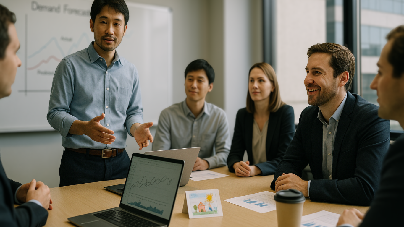 会議室でグラフを示し「なぜそう言える？」をデータで説明する実務シーン