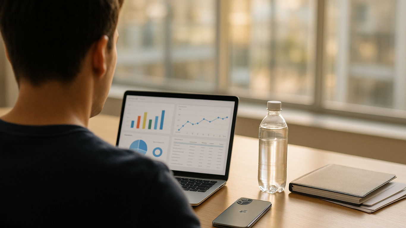 ノートPCのダッシュボードを見つめ、データ分析の進捗を確認する男性の後ろ姿――窓辺のデスクにスマホとノート、ペットボトルが置かれている。