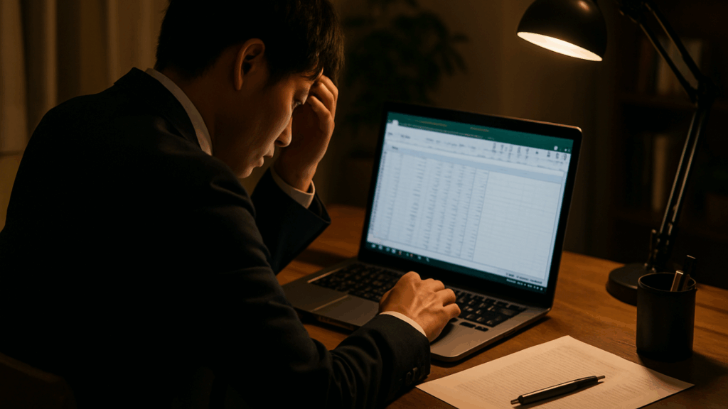 夜のオフィスでスーツ姿の30代日本人男性が、Excelの画面を見ながら頭を抱えている様子。デスクには書類とペン、ノートパソコンが置かれ、デスクライトが手元を照らしている。