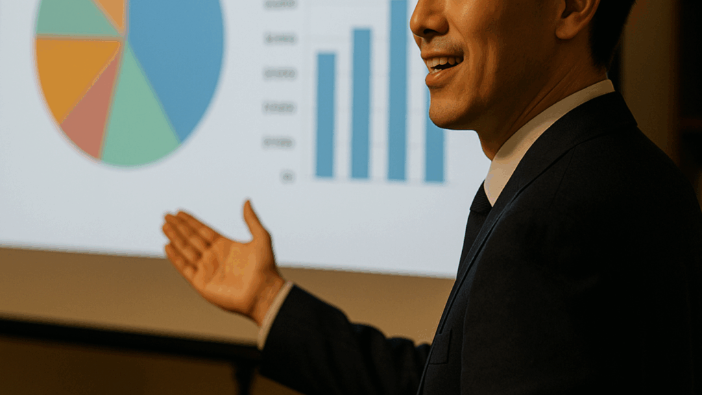 スーツ姿の男性がプレゼンテーションで売上データを説明している。背後のスクリーンには円グラフと棒グラフが映し出され、データ分析の成果を共有している様子。